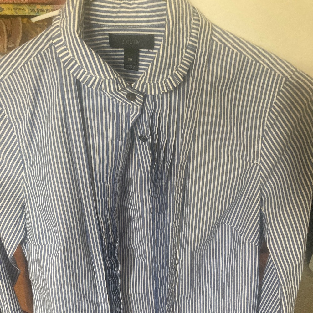 New J.Crew Striped Tie-neck Tuxedo Shirt With Ruffles $89 0 Blue F8446